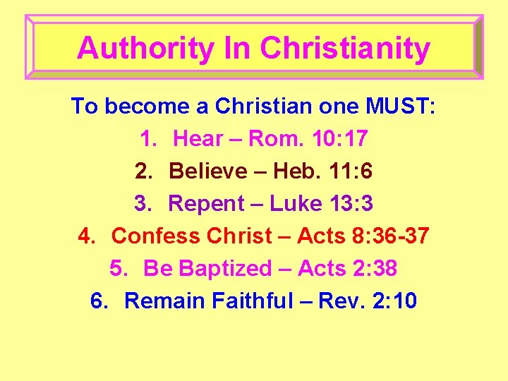 Authority In Christianity To become a Christian one MUST: 1. Hear – Rom. 10: