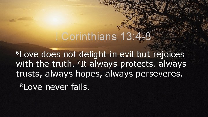 I Corinthians 13: 4 -8 6 Love does not delight in evil but rejoices