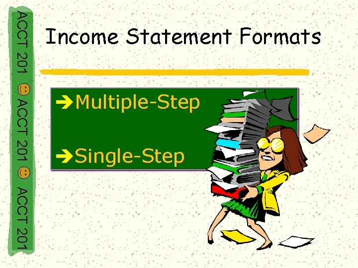 ACCT 201 Income Statement Formats ACCT 201 èMultiple-Step èSingle-Step ACCT 201 