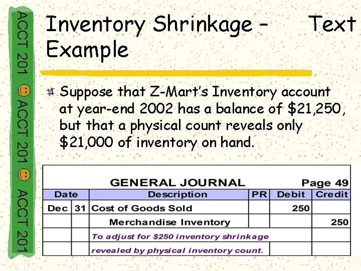 ACCT 201 Inventory Shrinkage – Example Text ACCT 201 Suppose that Z-Mart’s Inventory account