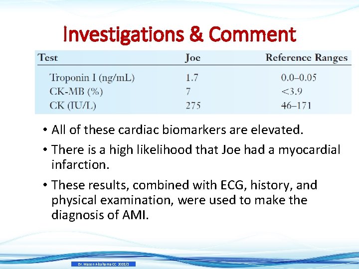 Investigations & Comment • All of these cardiac biomarkers are elevated. • There is Investigations & Comment • All of these cardiac biomarkers are elevated. • There is