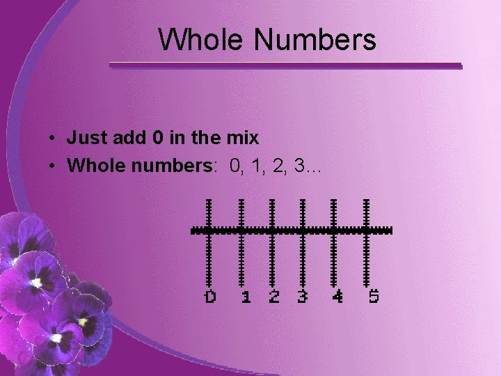 Whole Numbers • Just add 0 in the mix • Whole numbers: 0, 1,