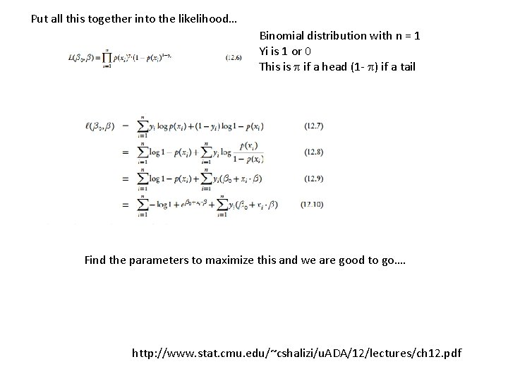 Put all this together into the likelihood… Binomial distribution with n = 1 Yi