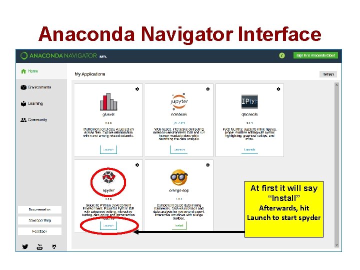 Anaconda Navigator Interface At first it will say “Install” Afterwards, hit Launch to start