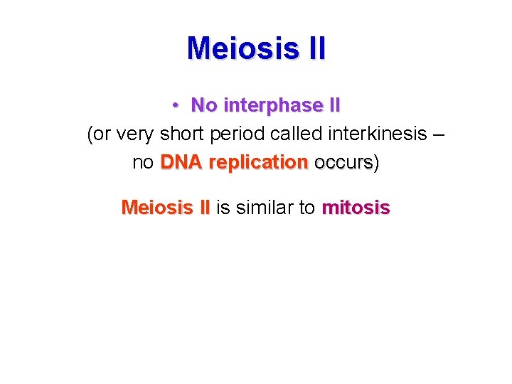 Meiosis II • No interphase II (or very short period called interkinesis – no