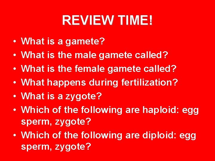 REVIEW TIME! • • • What is a gamete? What is the male gamete