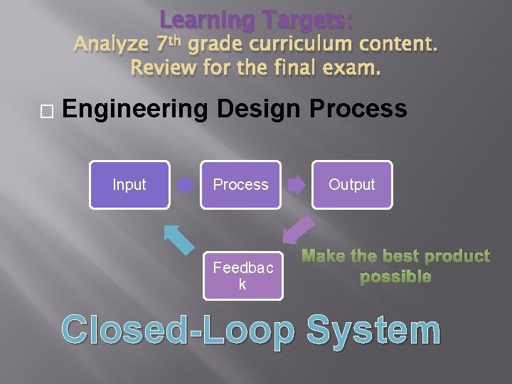 Learning Targets: Analyze 7 th grade curriculum content. Review for the final exam. � Learning Targets: Analyze 7 th grade curriculum content. Review for the final exam. �