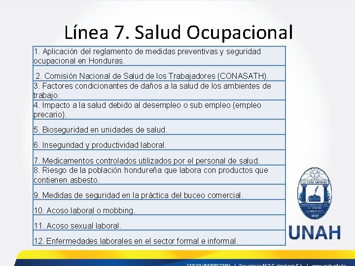 Línea 7. Salud Ocupacional 1. Aplicación del reglamento de medidas preventivas y seguridad ocupacional