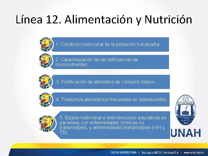 Línea 12. Alimentación y Nutrición 1. Condición nutricional de la población hondureña. 2. Caracterización
