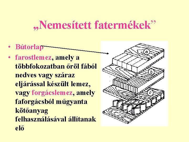 „Nemesített fatermékek” • Bútorlap • farostlemez, amely a többfokozatban őröl fából nedves vagy száraz