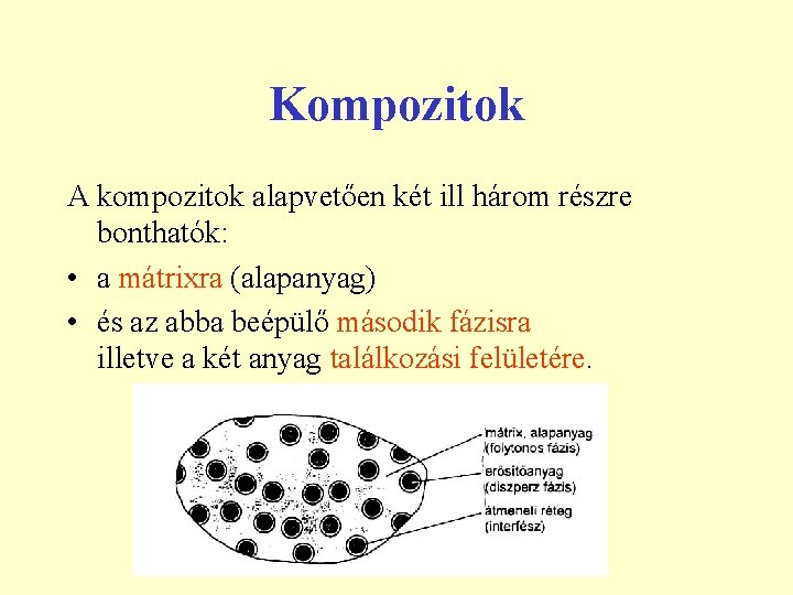 Kompozitok A kompozitok alapvetően két ill három részre bonthatók: • a mátrixra (alapanyag) •