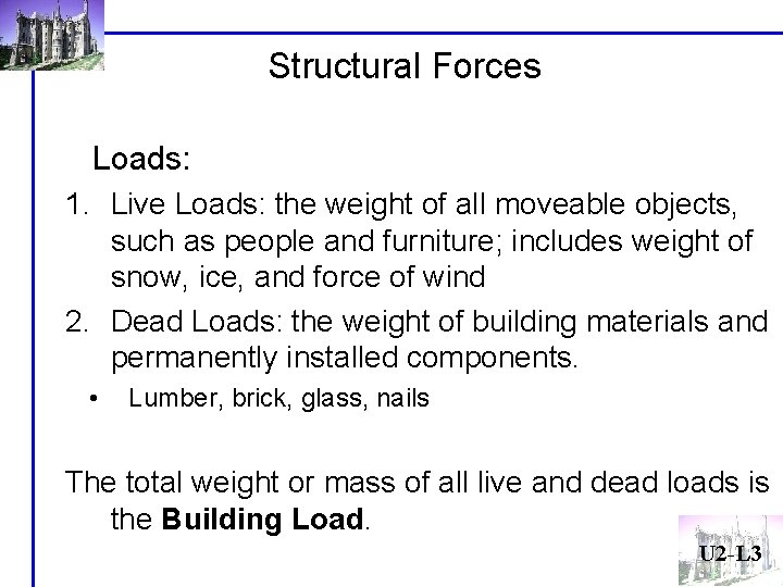 Structural Forces Loads: 1. Live Loads: the weight of all moveable objects, such as Structural Forces Loads: 1. Live Loads: the weight of all moveable objects, such as