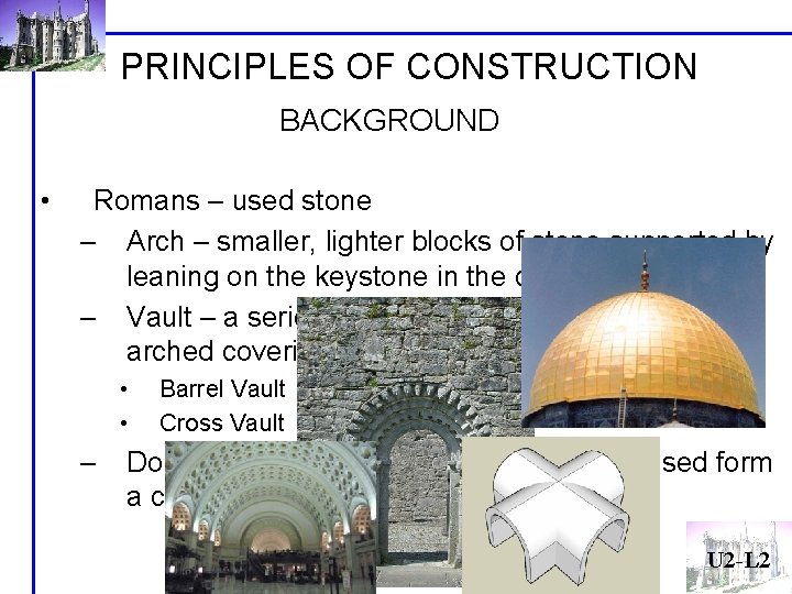 PRINCIPLES OF CONSTRUCTION BACKGROUND • Romans – used stone – Arch – smaller, lighter PRINCIPLES OF CONSTRUCTION BACKGROUND • Romans – used stone – Arch – smaller, lighter