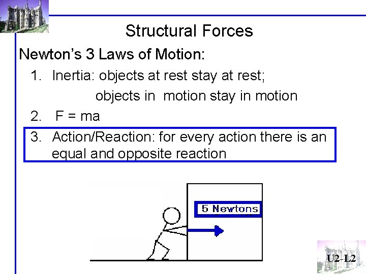 Structural Forces Newton’s 3 Laws of Motion: 1. Inertia: objects at rest stay at Structural Forces Newton’s 3 Laws of Motion: 1. Inertia: objects at rest stay at