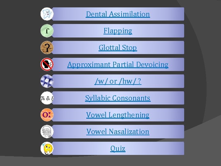 Dental Assimilation Flapping Glottal Stop Approximant Partial Devoicing /w/ or /hw/ ? Syllabic Consonants