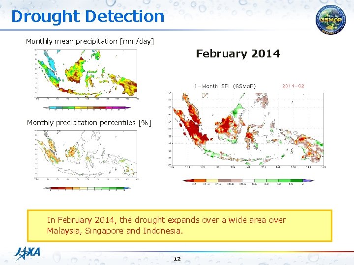 Drought Detection Monthly mean precipitation [mm/day] February 2014 Monthly precipitation percentiles [%] In February