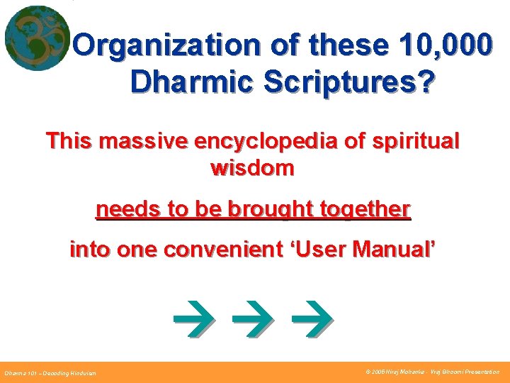 Organization of these 10, 000 Dharmic Scriptures? This massive encyclopedia of spiritual wisdom needs Organization of these 10, 000 Dharmic Scriptures? This massive encyclopedia of spiritual wisdom needs