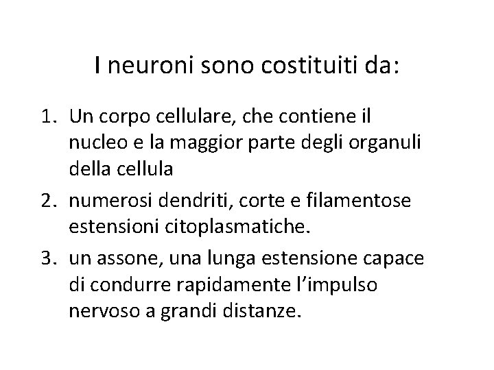 I neuroni sono costituiti da: 1. Un corpo cellulare, che contiene il nucleo e