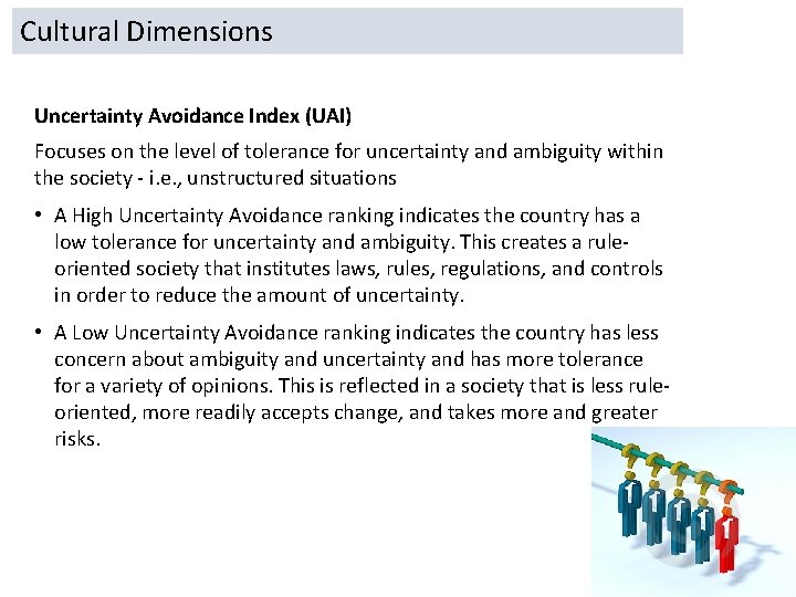 Cultural Dimensions Uncertainty Avoidance Index (UAI) Focuses on the level of tolerance for uncertainty