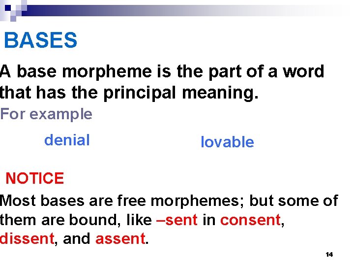 BASES A base morpheme is the part of a word that has the principal BASES A base morpheme is the part of a word that has the principal