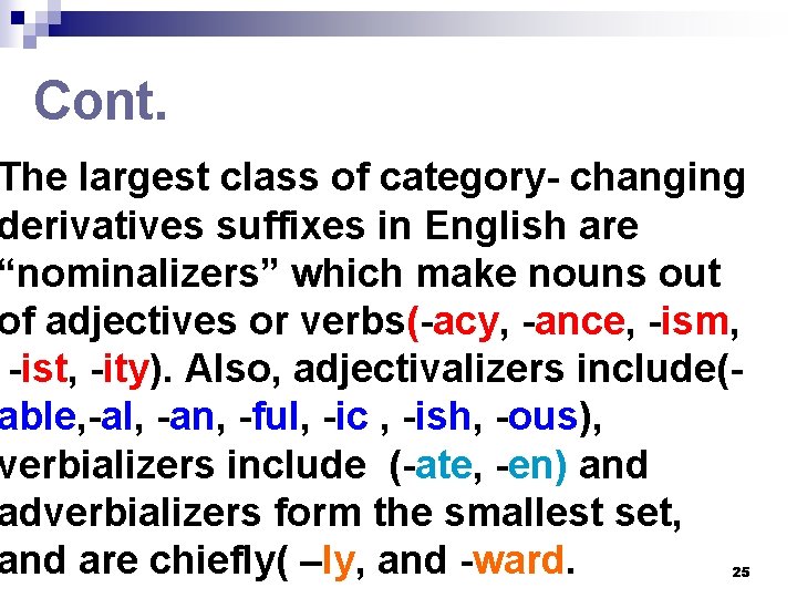 Cont. The largest class of category- changing derivatives suffixes in English are “nominalizers” which Cont. The largest class of category- changing derivatives suffixes in English are “nominalizers” which