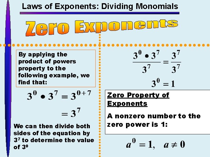 Laws of Exponents: Dividing Monomials By applying the product of powers property to the