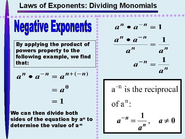 Laws of Exponents: Dividing Monomials By applying the product of powers property to the