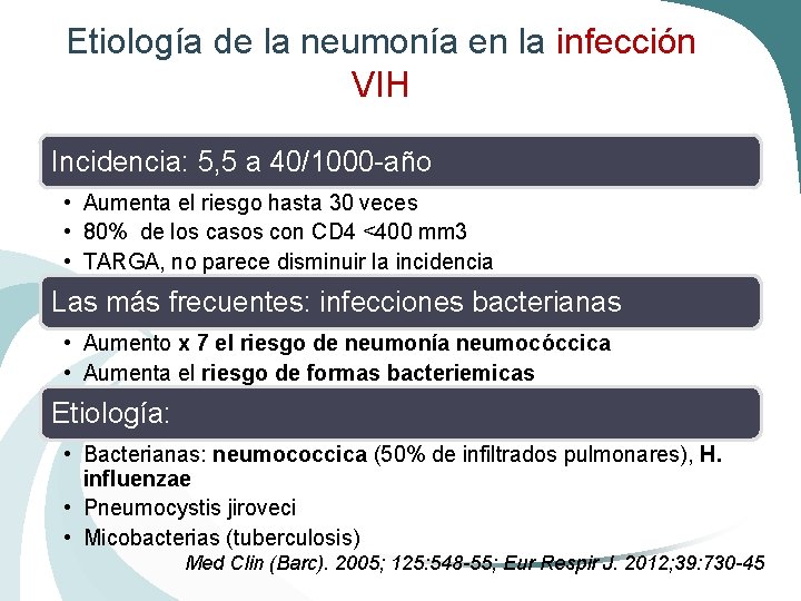 Etiología de la neumonía en la infección VIH Incidencia: 5, 5 a 40/1000 -año