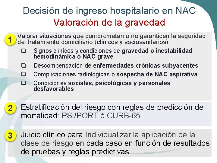 Decisión de ingreso hospitalario en NAC Valoración de la gravedad 1 Valorar situaciones que