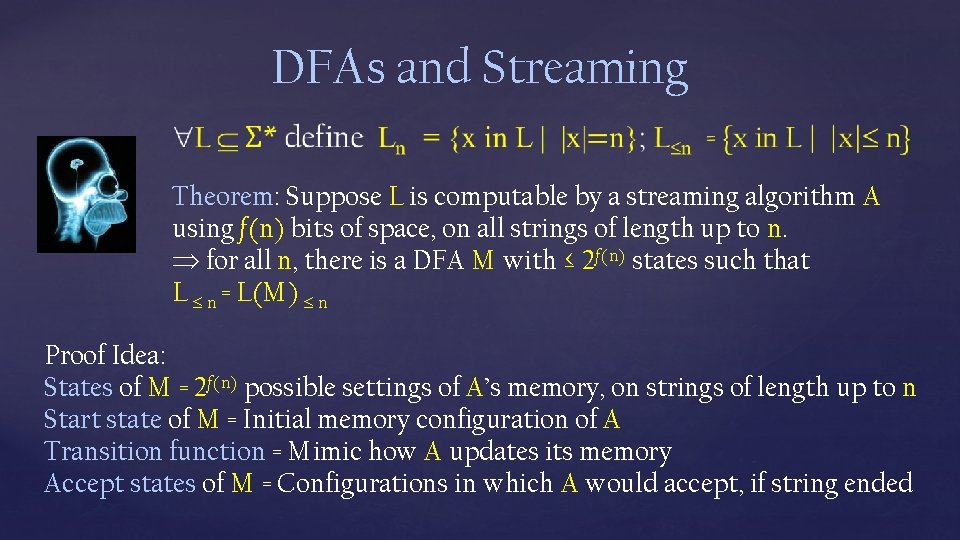 DFAs and Streaming Theorem: Suppose L is computable by a streaming algorithm A using