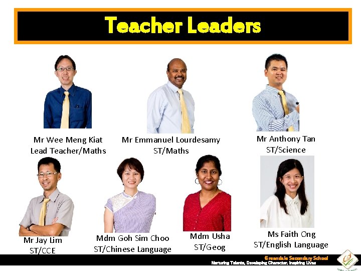 Teacher Leaders Mr Wee Meng Kiat Lead Teacher/Maths Mr Jay Lim ST/CCE Mr Emmanuel