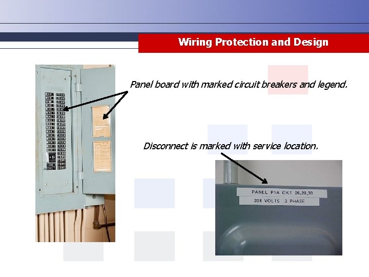 Wiring Protection and Design Panel board with marked circuit breakers and legend. Disconnect is