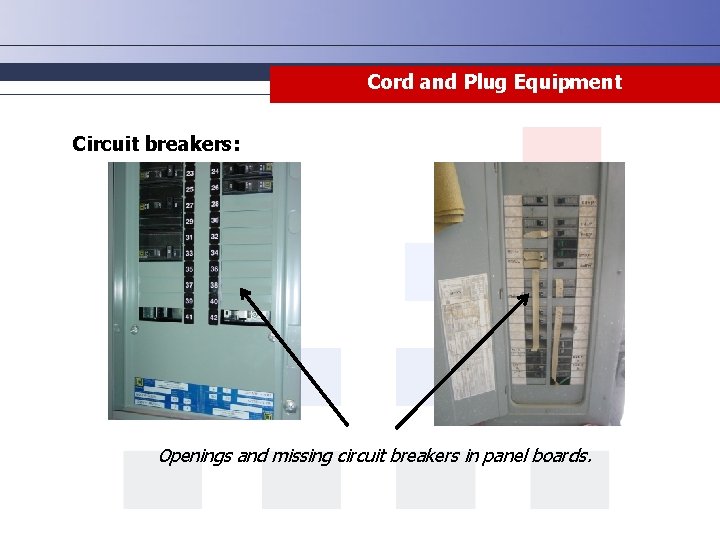 Cord and Plug Equipment Circuit breakers: Openings and missing circuit breakers in panel boards.