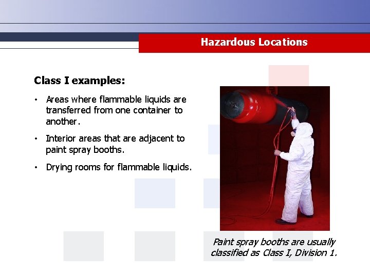 Hazardous Locations Class I examples: • Areas where flammable liquids are transferred from one