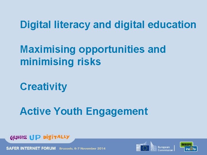 Digital literacy and digital education Maximising opportunities and minimising risks Creativity Active Youth Engagement