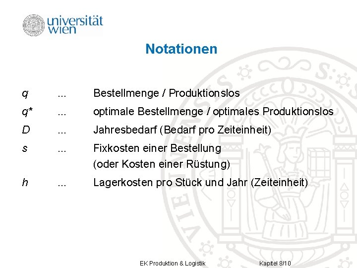 Notationen q . . . Bestellmenge / Produktionslos q* . . . optimale Bestellmenge Notationen q . . . Bestellmenge / Produktionslos q* . . . optimale Bestellmenge