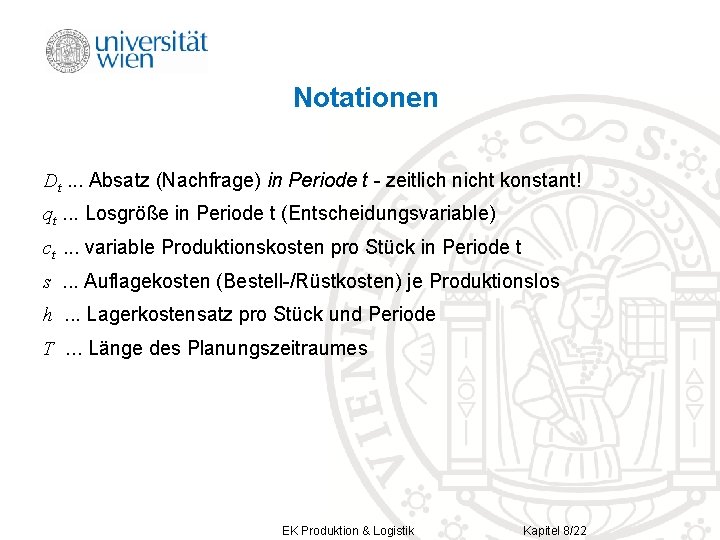 Notationen Dt. . . Absatz (Nachfrage) in Periode t - zeitlich nicht konstant! qt. Notationen Dt. . . Absatz (Nachfrage) in Periode t - zeitlich nicht konstant! qt.