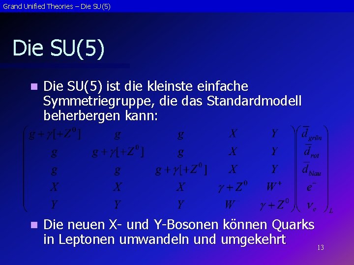 Grand Unified Theories – Die SU(5) n Die SU(5) ist die kleinste einfache Symmetriegruppe,