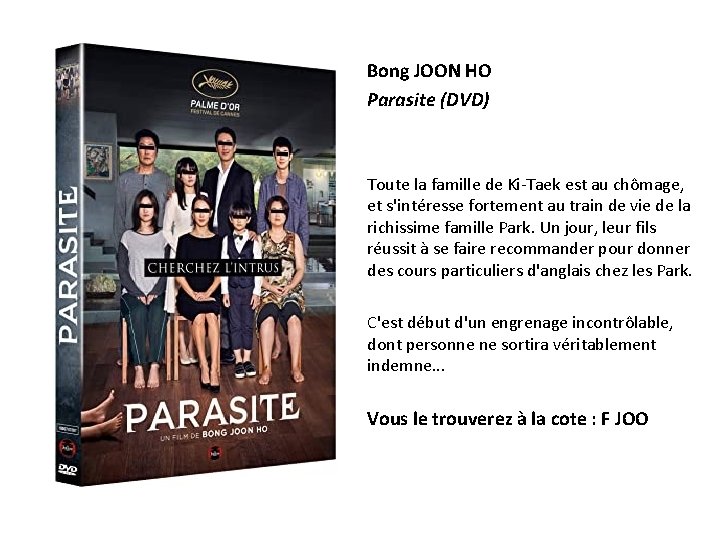 Bong JOON HO Parasite (DVD) Toute la famille de Ki-Taek est au chômage, et