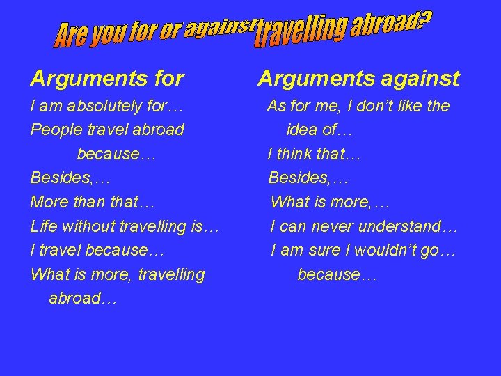 Arguments for I am absolutely for… People travel abroad because… Besides, … More than