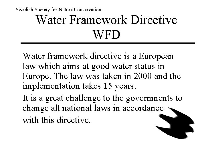 Swedish Society for Nature Conservation Water Framework Directive WFD Water framework directive is a