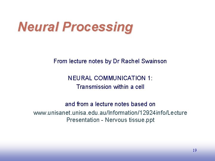 Neural Processing From lecture notes by Dr Rachel Swainson NEURAL COMMUNICATION 1: Transmission within