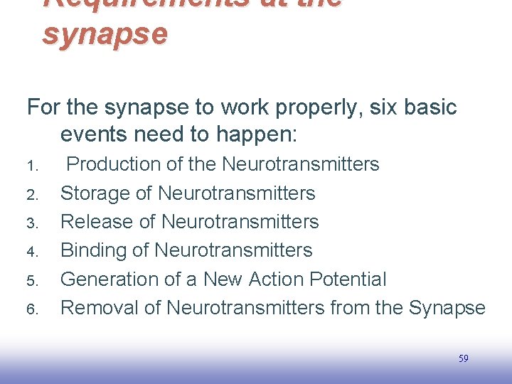 Requirements at the synapse For the synapse to work properly, six basic events need