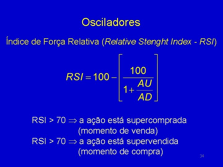 Osciladores Índice de Força Relativa (Relative Stenght Index - RSI) RSI > 70 a