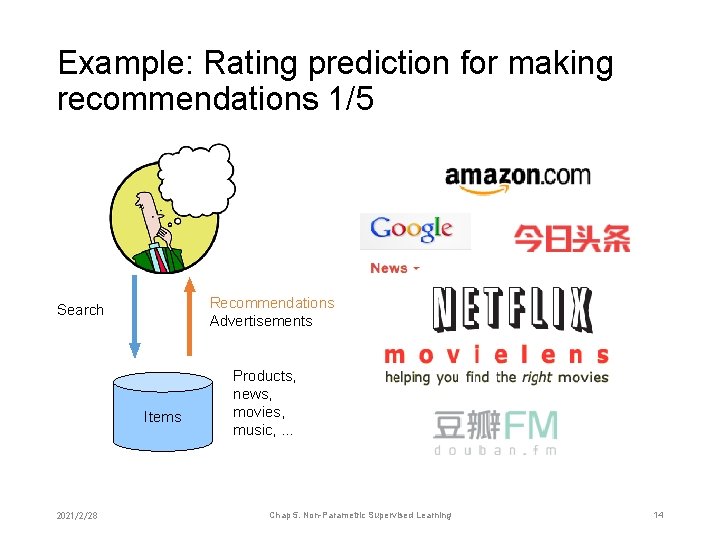 Example: Rating prediction for making recommendations 1/5 Recommendations Advertisements Search Items 2021/2/28 Products, news,