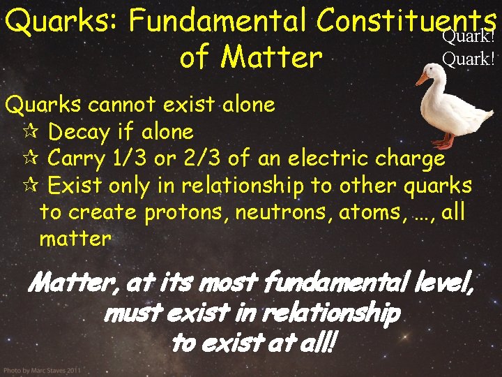 Quarks: Fundamental Constituents Quark! of Matter Quarks cannot exist alone Decay if alone Carry