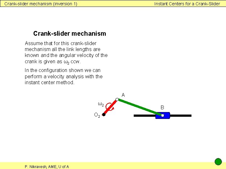 Crank-slider mechanism (inversion 1) Instant Centers for a Crank-Slider Crank-slider mechanism Assume that for Crank-slider mechanism (inversion 1) Instant Centers for a Crank-Slider Crank-slider mechanism Assume that for