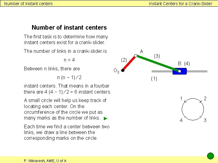 Number of instant centers Instant Centers for a Crank-Slider Number of instant centers The Number of instant centers Instant Centers for a Crank-Slider Number of instant centers The