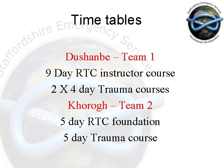 Time tables Dushanbe – Team 1 9 Day RTC instructor course 2 X 4