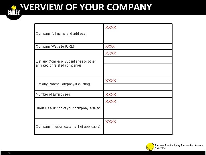 OVERVIEW OF YOUR COMPANY XXXX Company full name and address Company Website (URL) XXXX